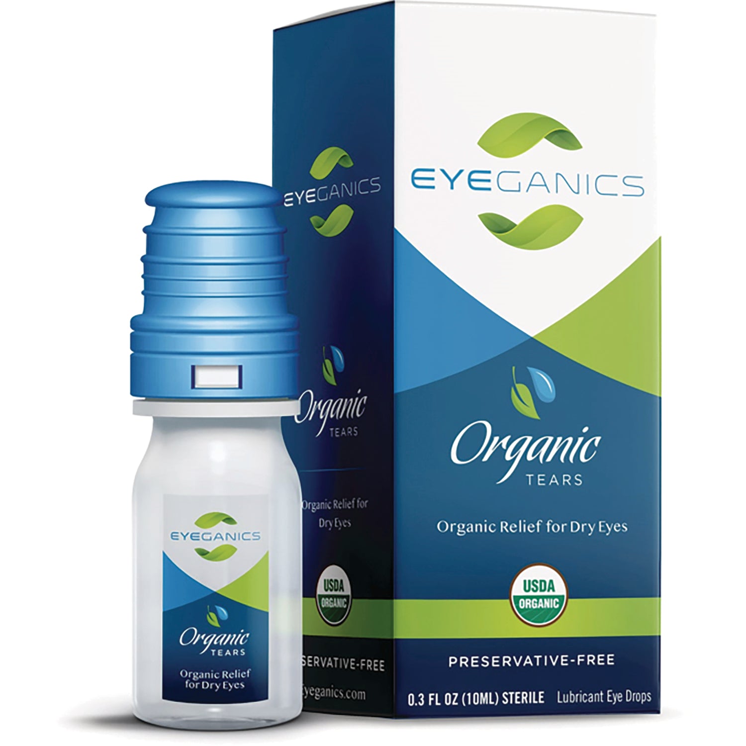 EYE001 | Bottle and box of Eyeganics Organic Tears lubricant eye drops with blue cap and USDA Organic badge