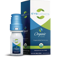 EYE001 | Bottle and box of Eyeganics Organic Tears lubricant eye drops with blue cap and USDA Organic badge