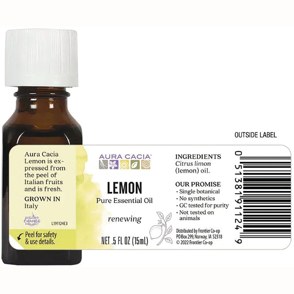 ARC004 | back label of Aura Cacia Lemon pure essential oil bottle showing ingredients, barcode, and net .5 FL OZ (15 mL) - Thumbnail