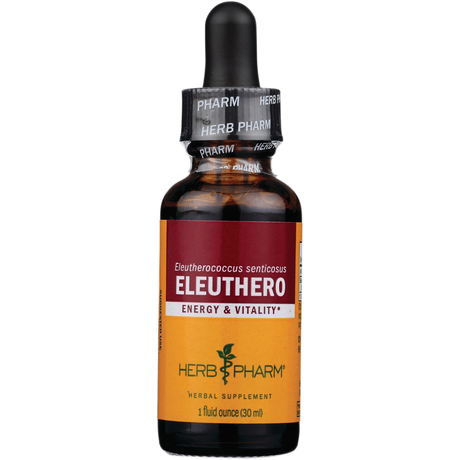 HPH013 | amber dropper bottle labeled ELEUTHERO Energy & Vitality Herb Pharm herbal supplement 1 fluid ounce