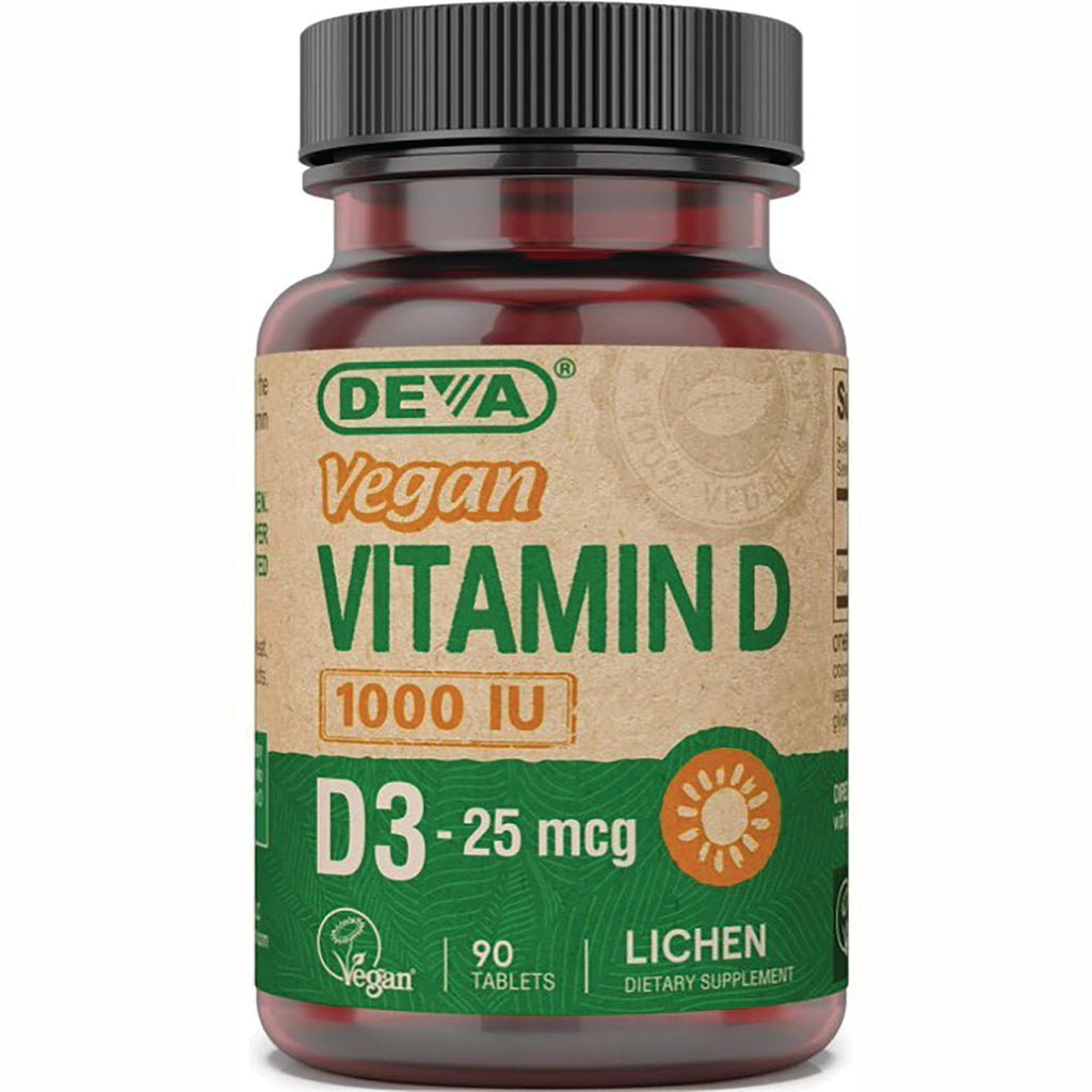 DEV043 | DEVA vegan Vitamin D 1000 IU D3 25 mcg lichen dietary supplement bottle, 90 tablets - Thumbnail