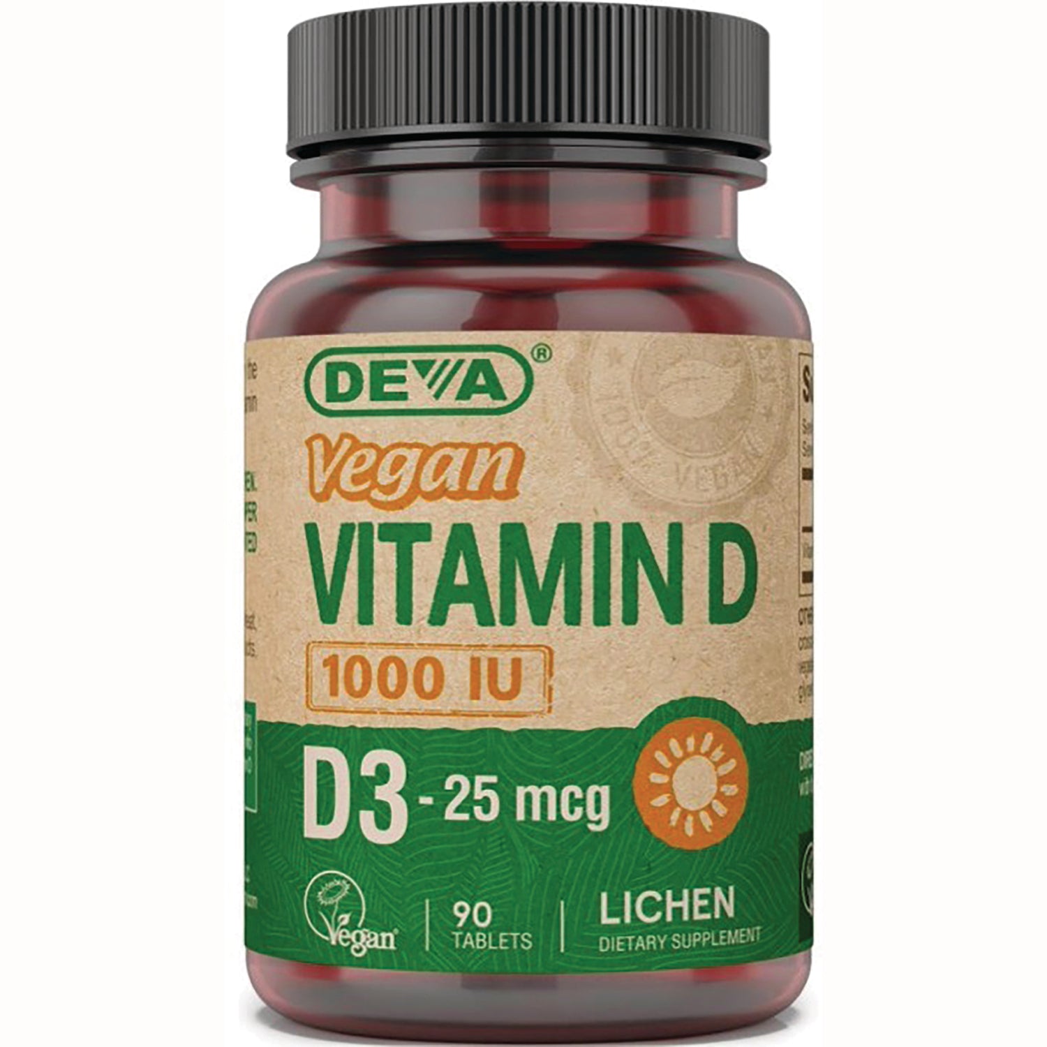 DEV043 | DEVA vegan Vitamin D 1000 IU D3 25 mcg lichen dietary supplement bottle, 90 tablets