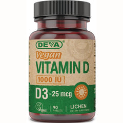 DEV043 | DEVA vegan Vitamin D 1000 IU D3 25 mcg lichen dietary supplement bottle, 90 tablets