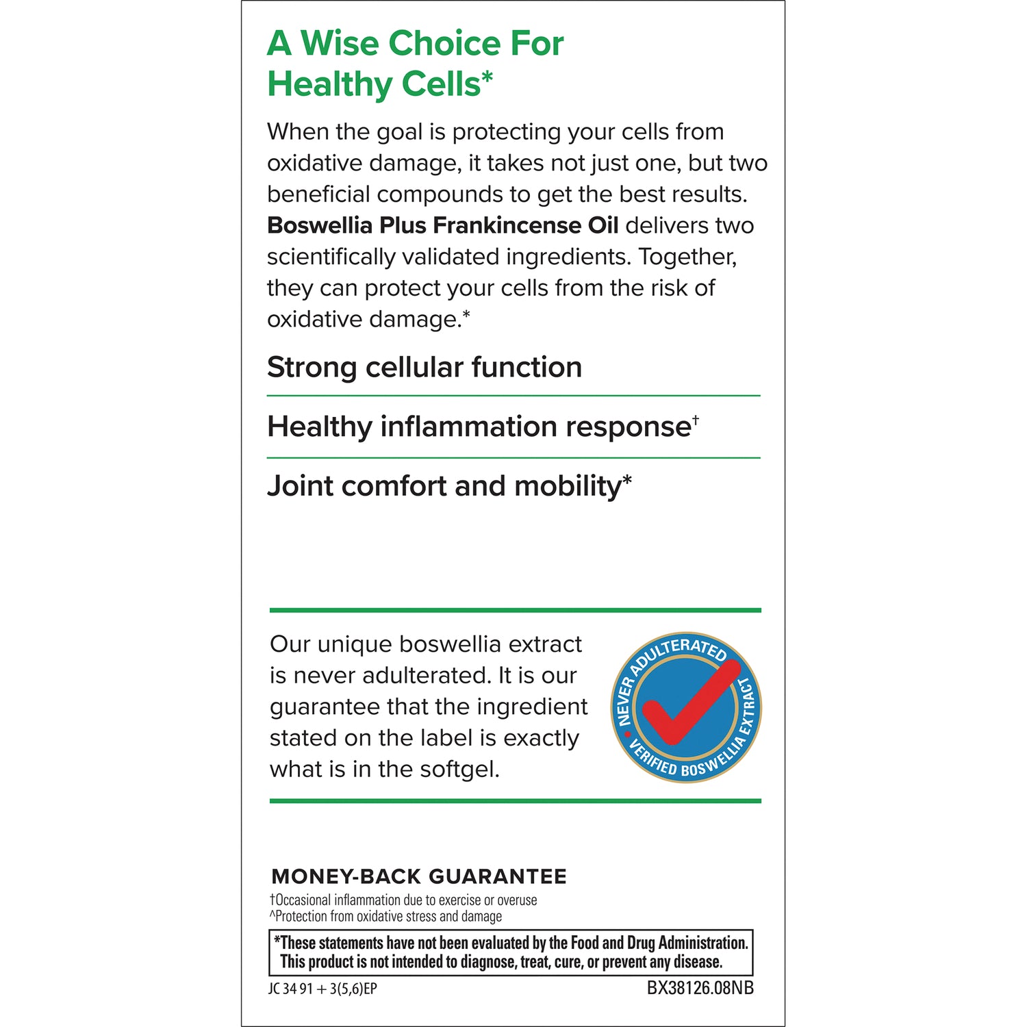 EUR039 | Product infographic listing Boswellia Plus Frankincense Oil benefits: strong cellular function, healthy inflammation response, joint comfort