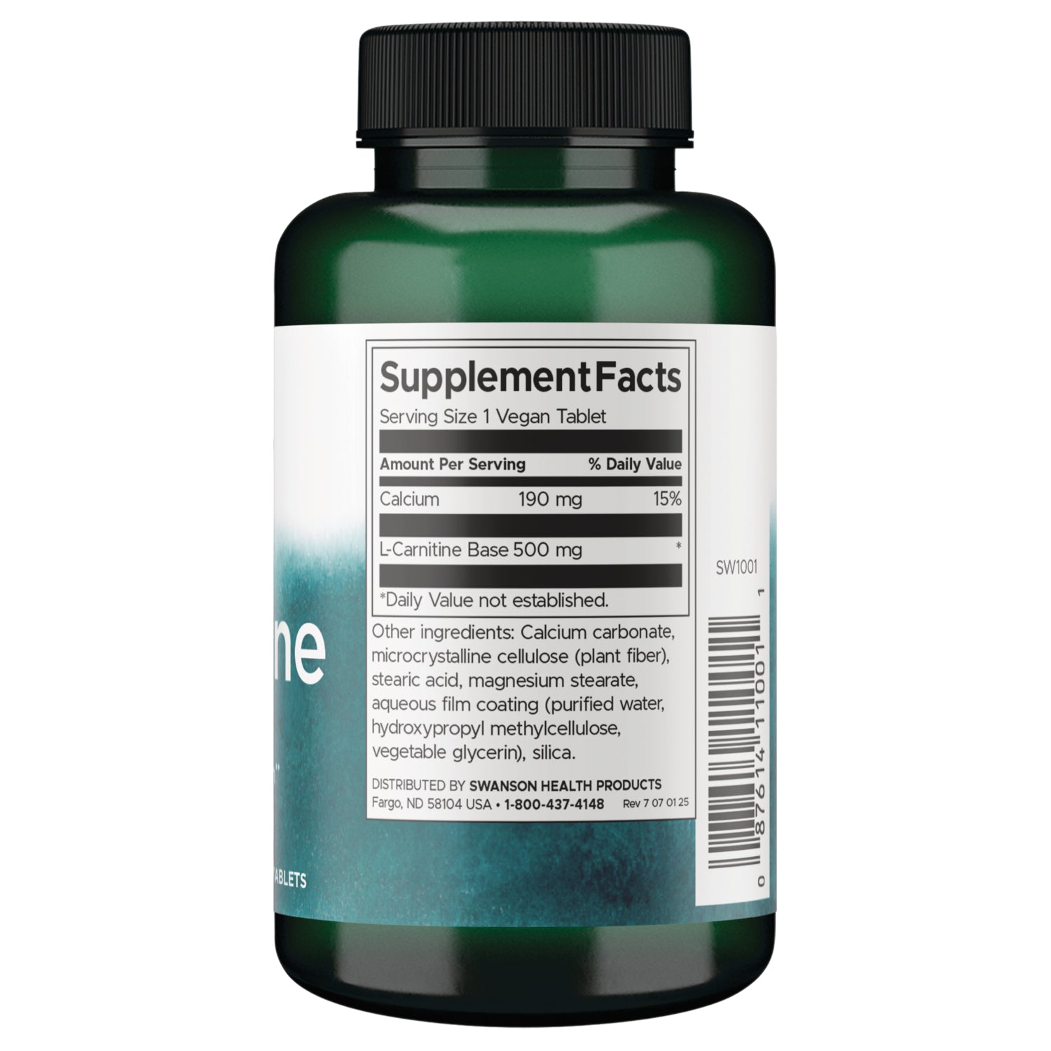 SW1001 | Supplement Facts with Calcium 190 mg and Lâ€‘Carnitine Base 500 mg