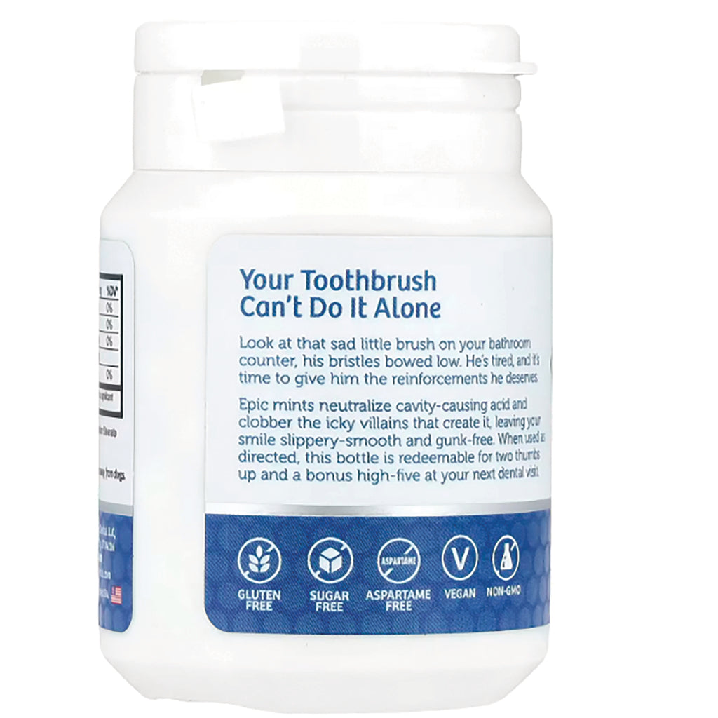 EPI008 | back label reading Your Toothbrush Can't Do It Alone with product copy and icons for gluten free, sugar free, aspartame free, vegan, non-GMO - Thumbnail