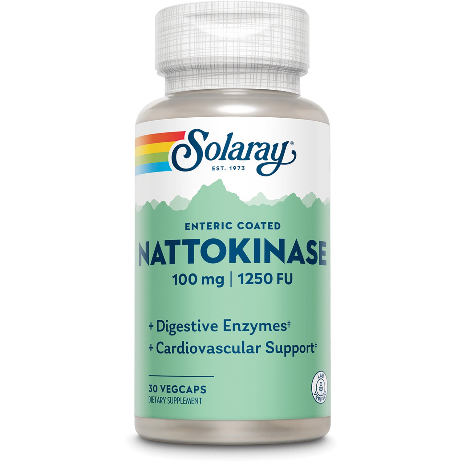 SLR384 | Solaray Nattokinase bottle, enteric coated 100 mg 1250 FU, 30 vegcaps, digestive and cardiovascular support