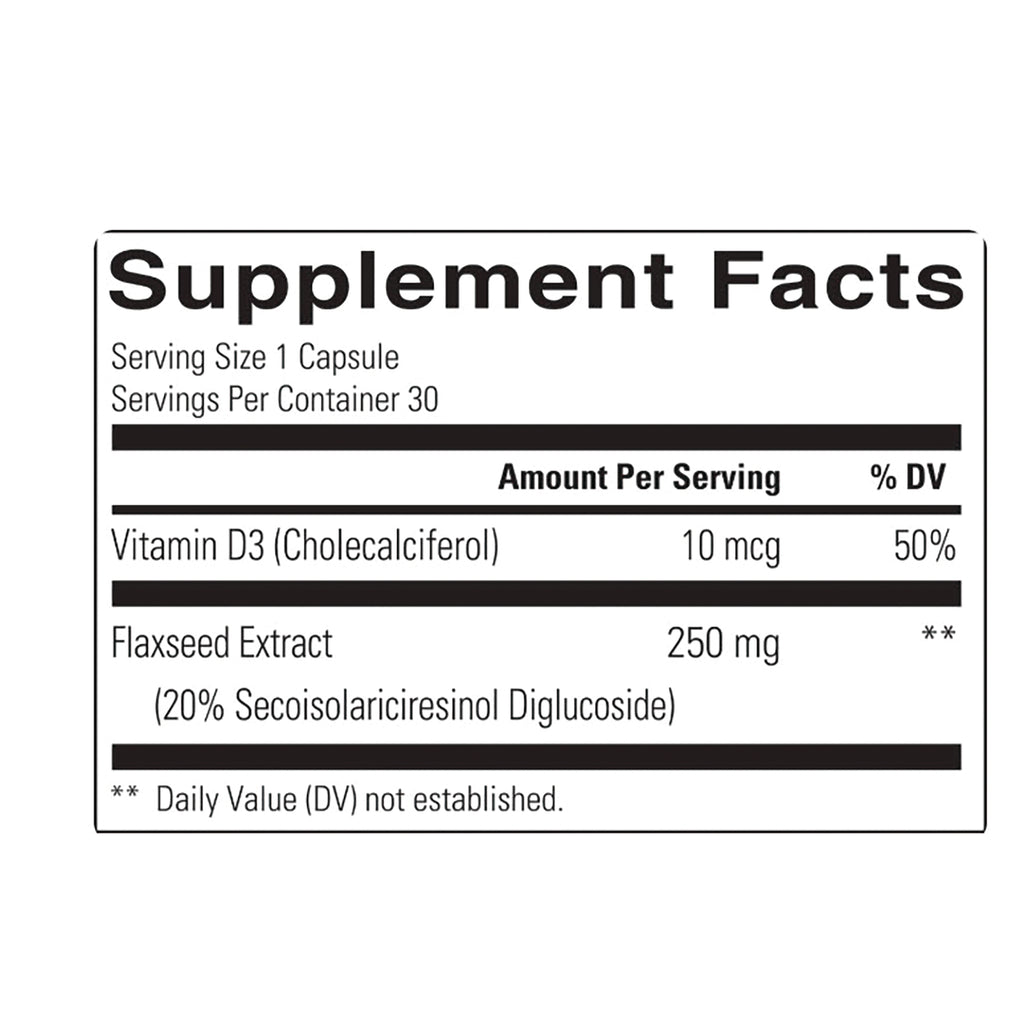 BAR090 | Supplement Facts: Serving Size 1 Capsule; Vitamin D3 (Cholecalciferol) 10 mcg 50% DV; Flaxseed Extract 250 mg - Thumbnail