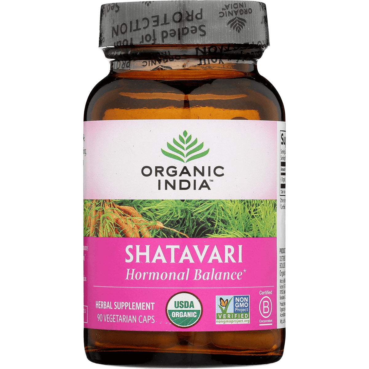 RGN033 | Organic India Shatavari herbal supplement bottle with pink label, 90 vegetarian capsules, USDA Organic