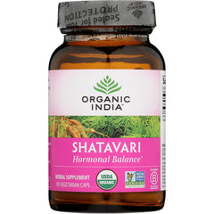 RGN033 | Organic India Shatavari herbal supplement bottle with pink label, 90 vegetarian capsules, USDA Organic