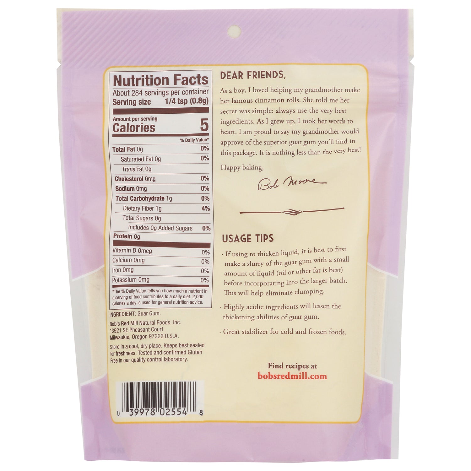 BOB304 | back of pink package showing Nutrition Facts panel, usage tips, and barcode