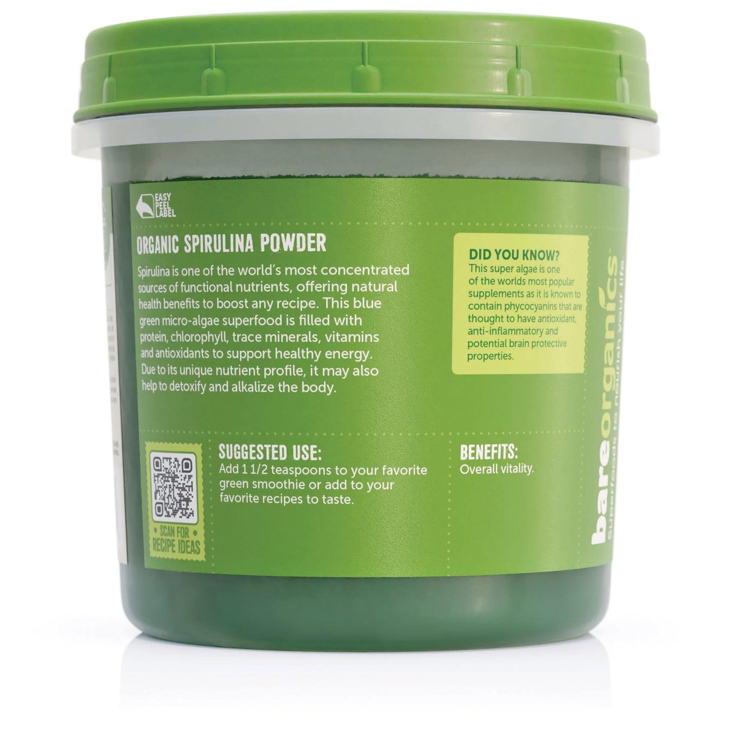 BOR007 | Back label of green tub reading ORGANIC SPIRULINA POWDER with suggested use, benefits, and product information