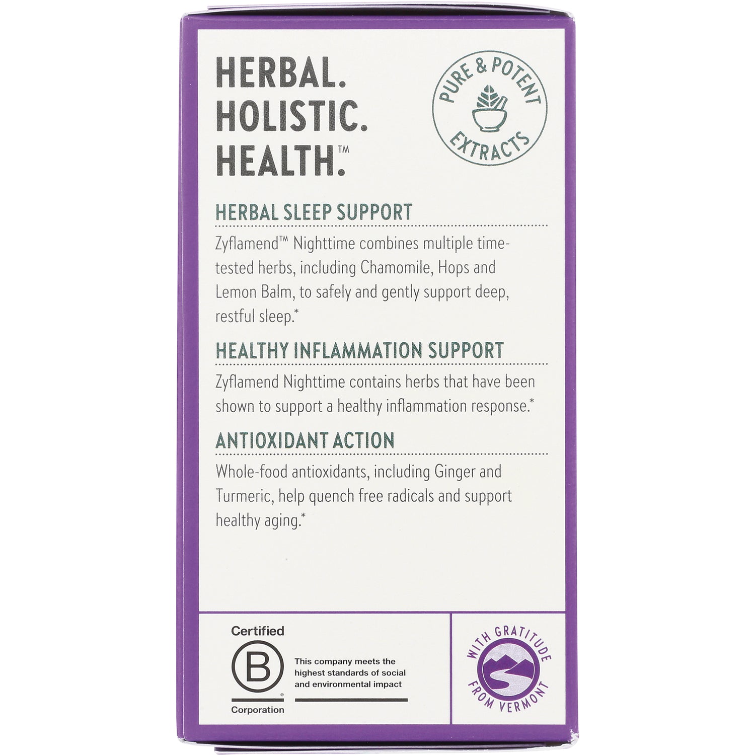 NWC281 | product infographic on box listing herbal sleep support, inflammation support, and antioxidant action