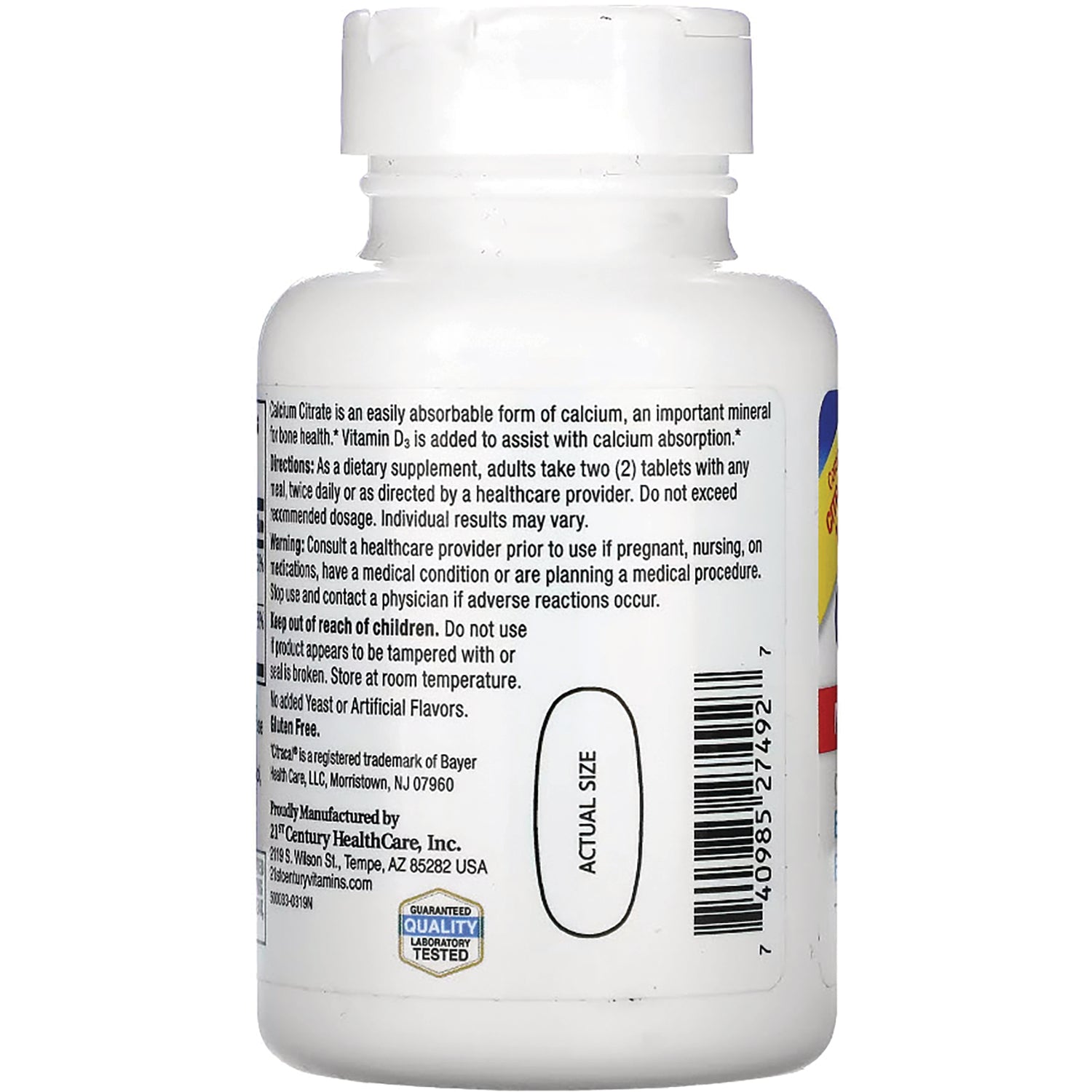 CNT235 | back label of white supplement bottle showing directions, ingredients text, barcode and actual size oval