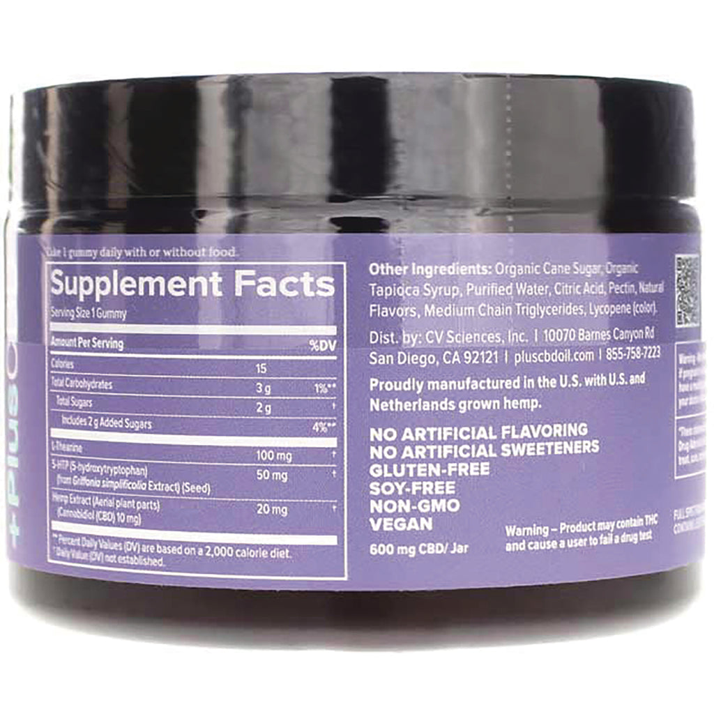 CV043 | back label showing Supplement Facts panel and ingredient and claim text on purple CBD gummy jar - Thumbnail