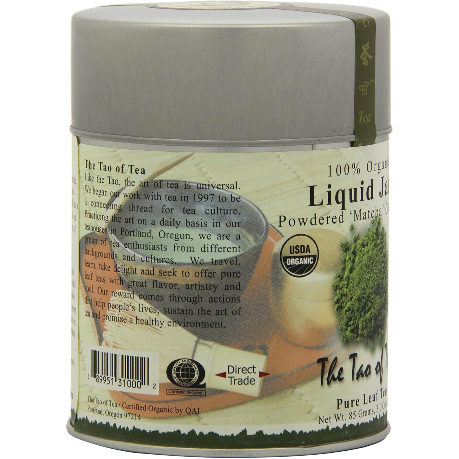 TOT004 | The Tao of Tea Liquid Jade matcha green tea canister, back label with story, USDA Organic badge
