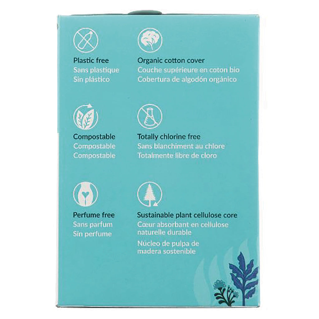 NCR010 | teal product box infographic listing plastic free, organic cotton cover, compostable, chlorine free, perfume free, sustainable plant cellulose core - Thumbnail
