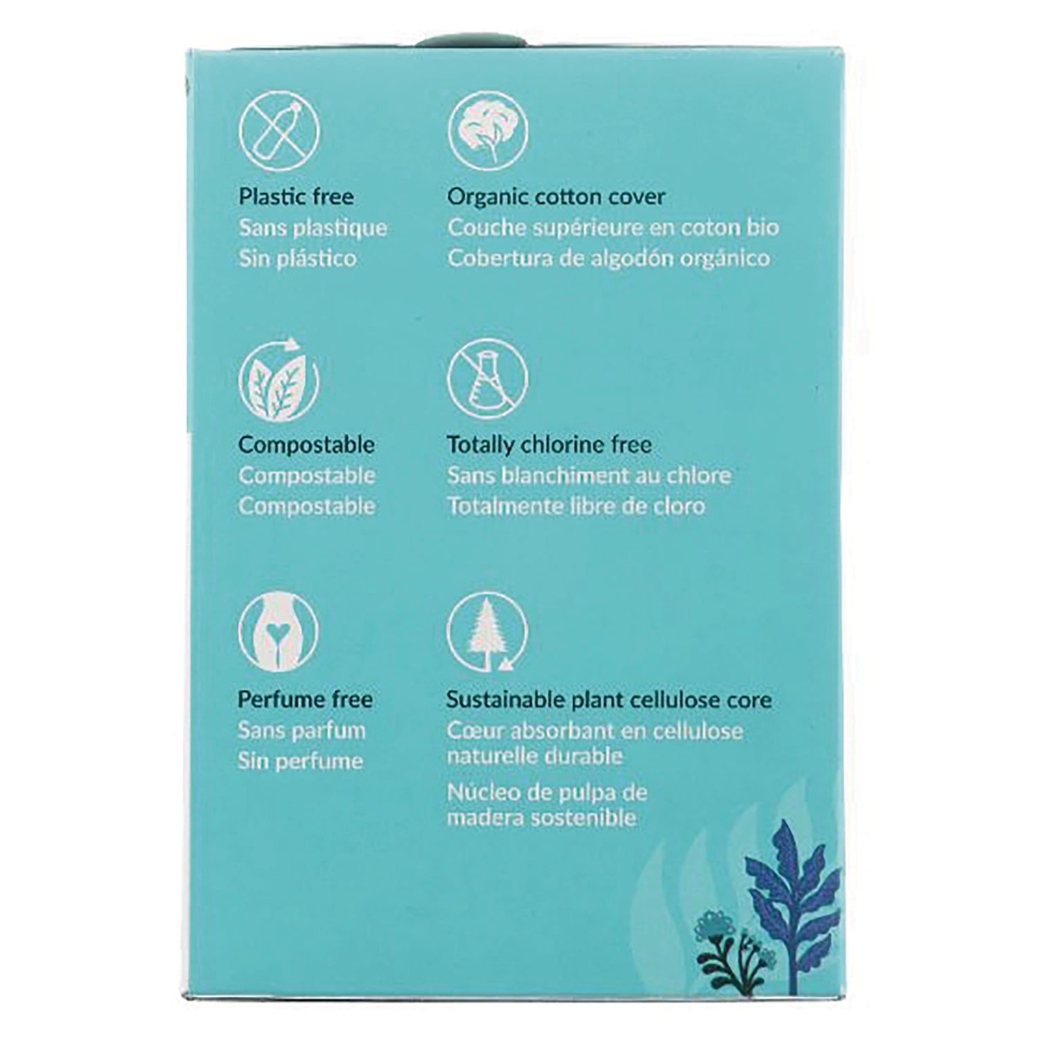 NCR010 | teal product box infographic listing plastic free, organic cotton cover, compostable, chlorine free, perfume free, sustainable plant cellulose core