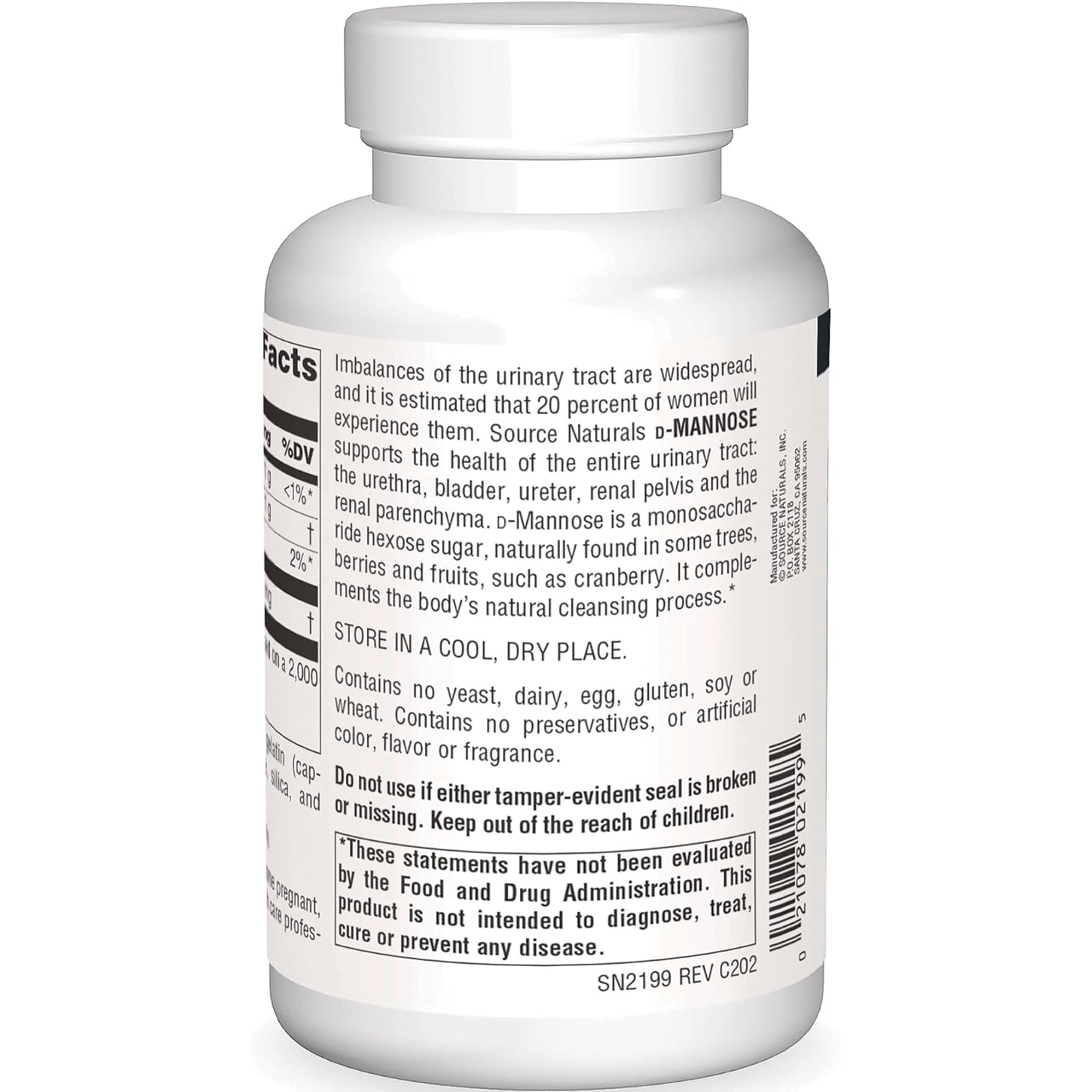 SN765 | Back label with Supplement Facts and d-Mannose usage and storage information