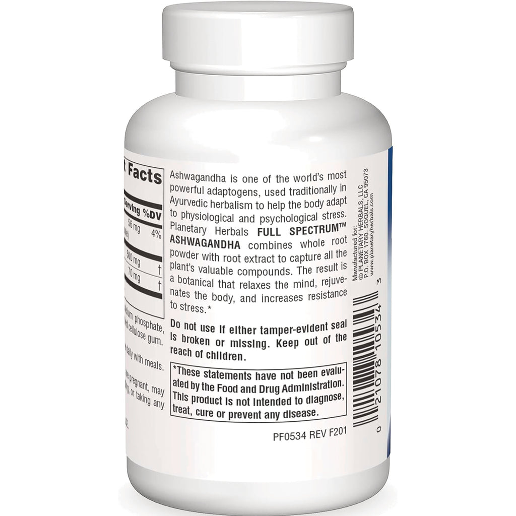 PF056 | Back label showing Ashwagandha supplement description, warnings, barcode and partial supplement facts - Thumbnail