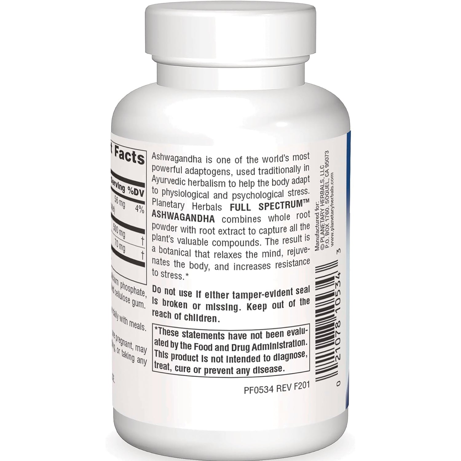 PF056 | Back label showing Ashwagandha supplement description, warnings, barcode and partial supplement facts