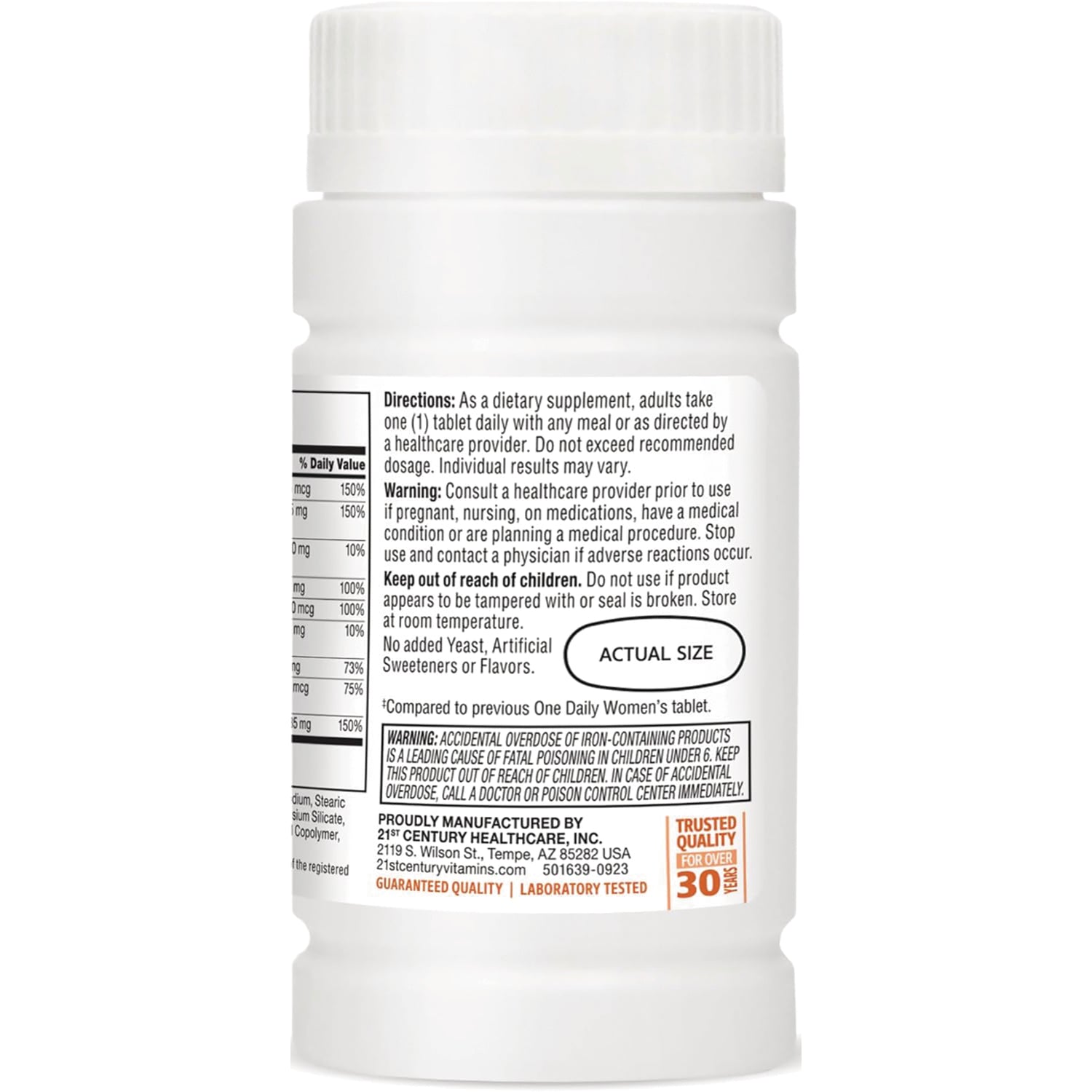CNT219 | back label of white supplement bottle showing directions, warnings, partial nutrition facts and an actual size oval