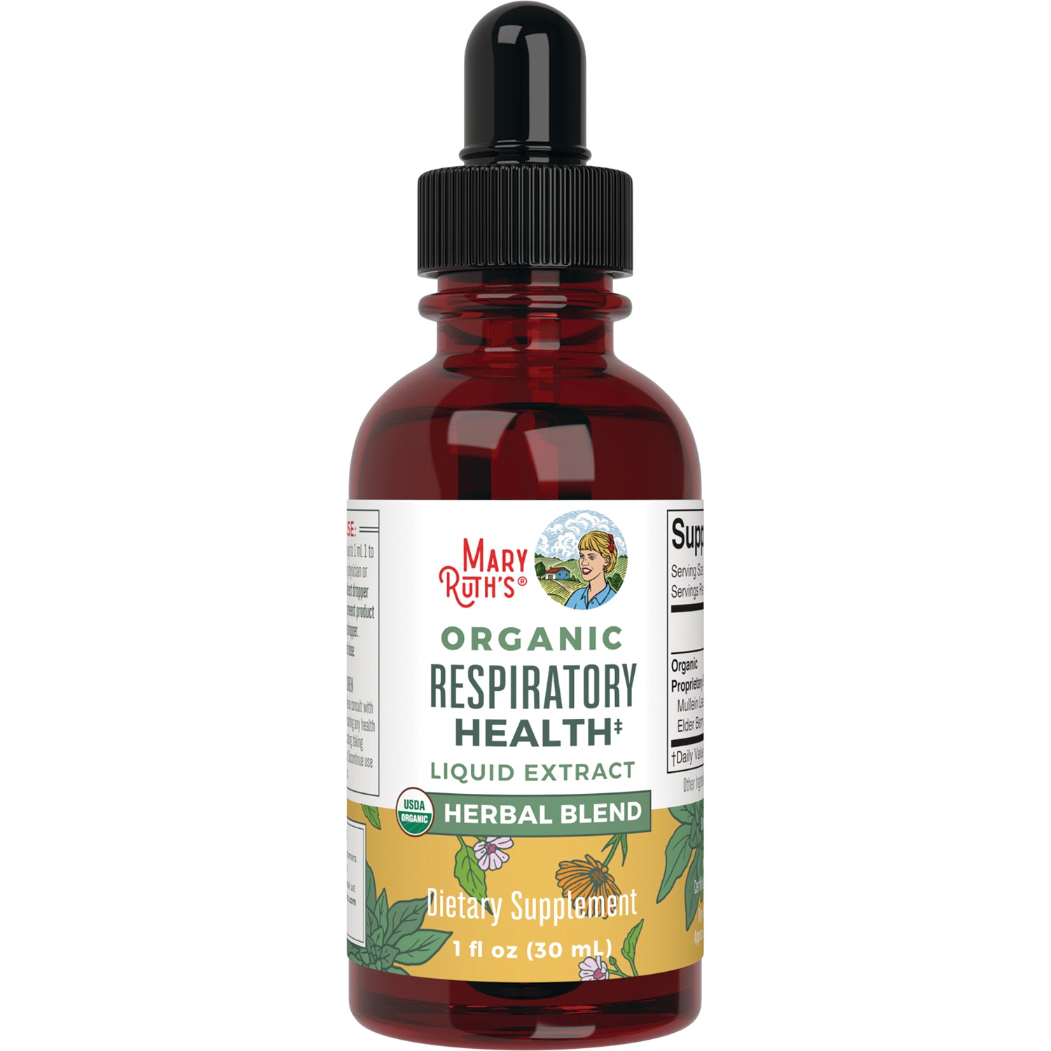 MRR032 | Mary Ruth's amber dropper bottle labeled Organic Respiratory Health liquid extract herbal blend, 1 fl oz