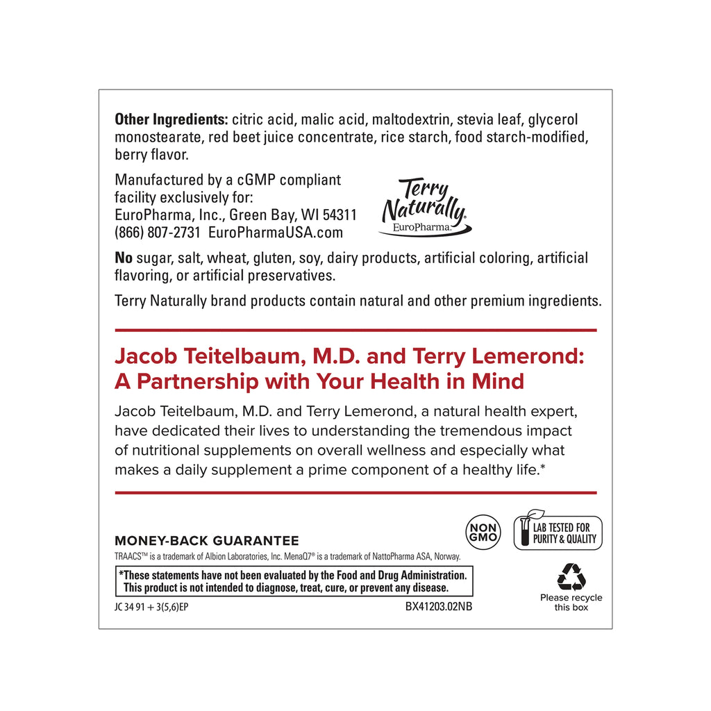 EUR076 | Back panel with other ingredients, Terry Naturally branding, Non-GMO and lab tested seals, and recycling notice - Thumbnail