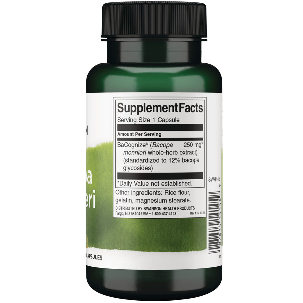 SWH145 | Back label with Supplement Facts: Serving Size 1 capsule; BaCognize (Bacopa) 250 mg; other ingredients listed - Thumbnail