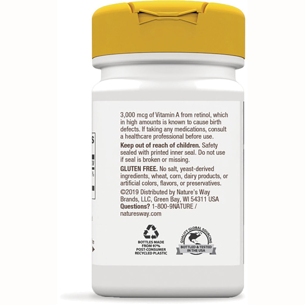 NW953 | Back of white supplement bottle with yellow cap showing warnings, gluten free statement, and recycling icons - Thumbnail