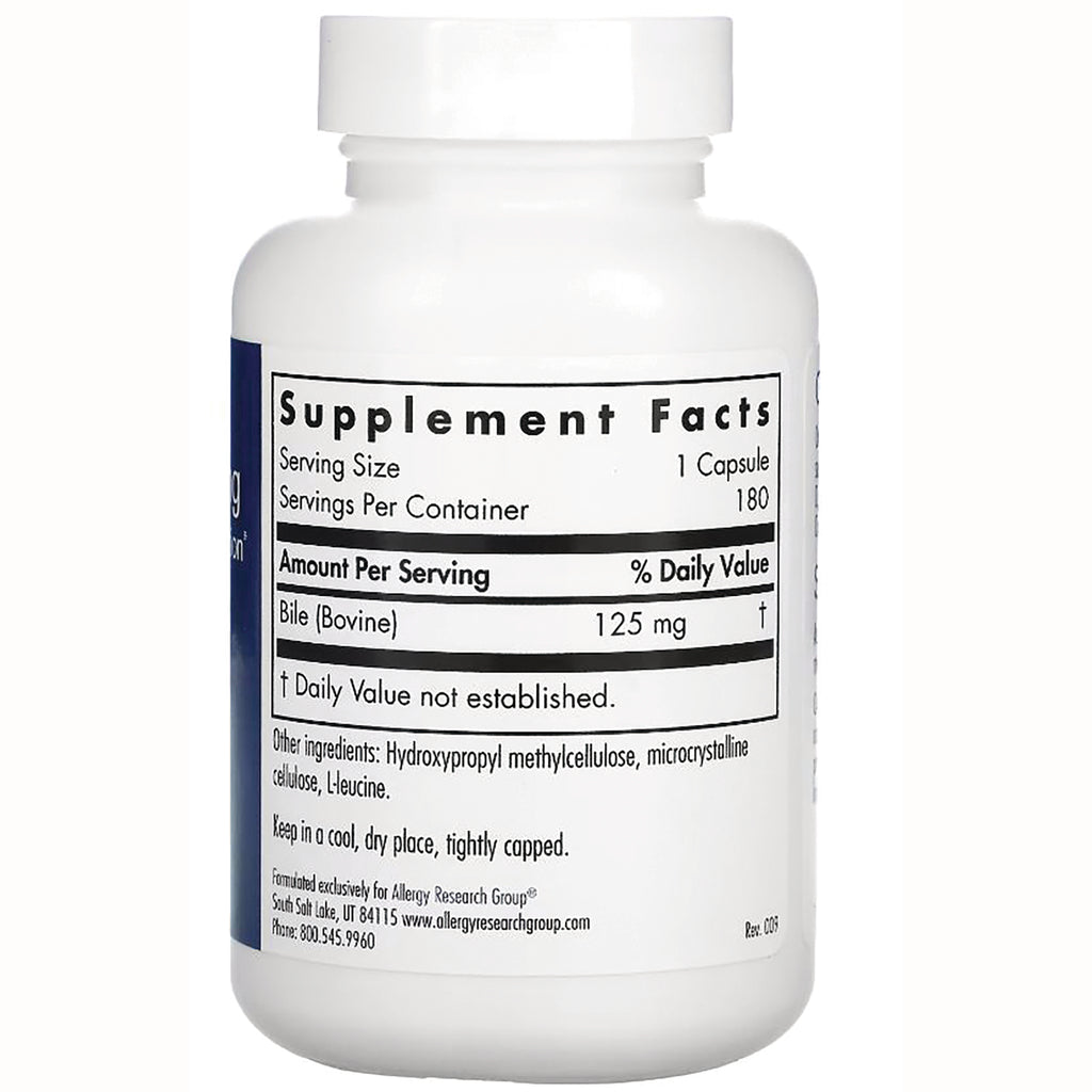 Supplement Facts label on white bottle showing Serving Size 1 Capsule, Servings Per Container 180, Bile (Bovine) 125 mg - Thumbnail