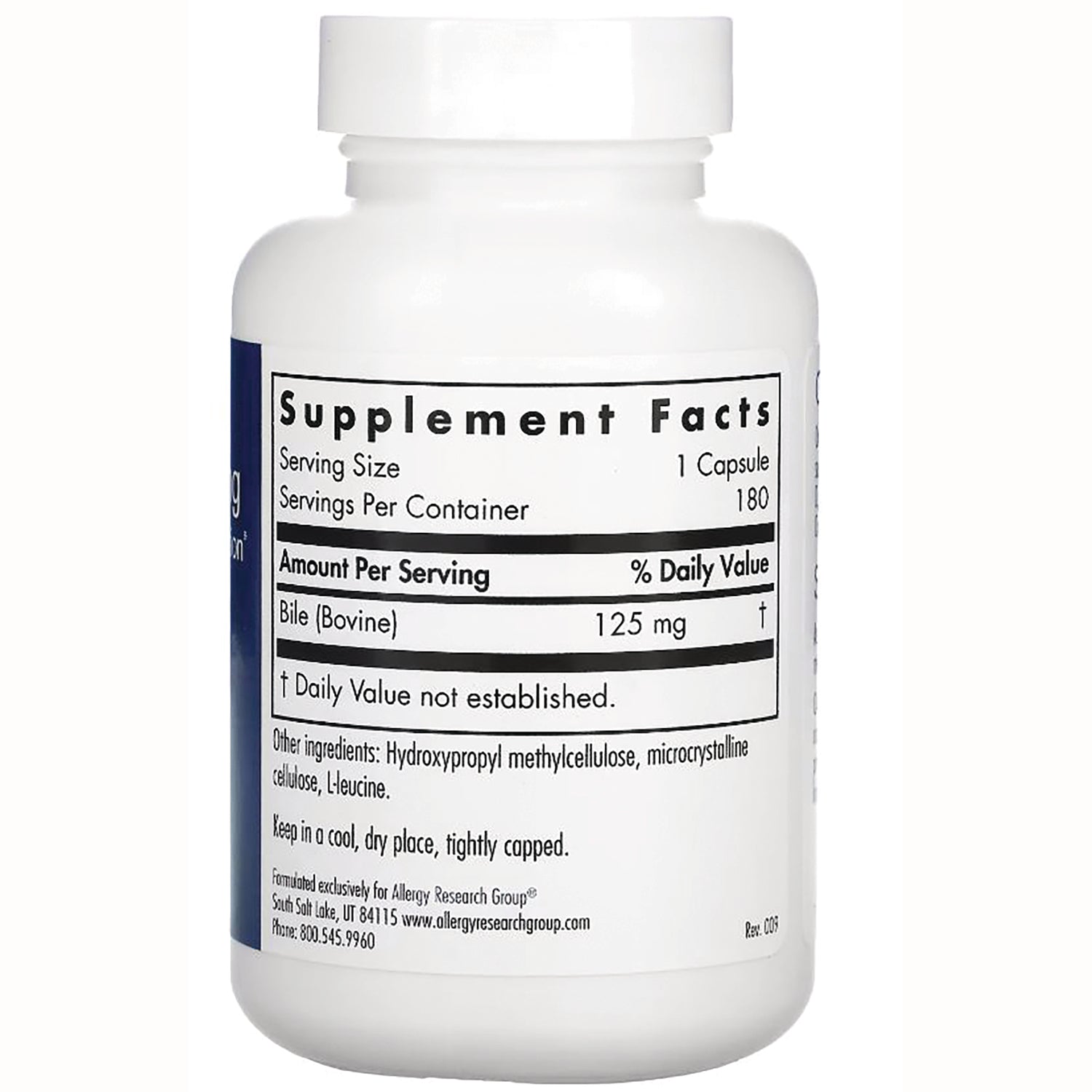 Supplement Facts label on white bottle showing Serving Size 1 Capsule, Servings Per Container 180, Bile (Bovine) 125 mg