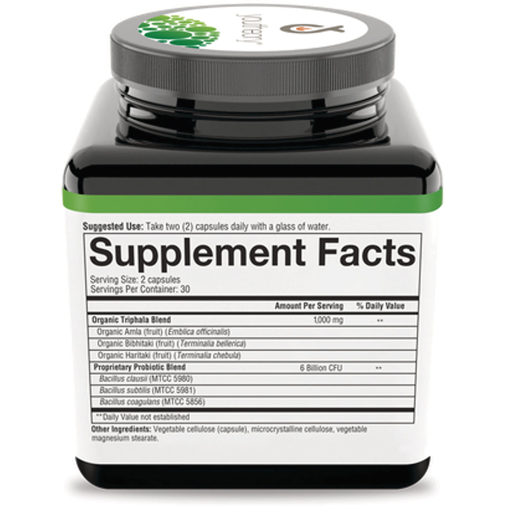 YOU018 | Back label with Supplement Facts panel; serving size 2 capsules, 30 servings; probiotic and Triphala blends - Thumbnail