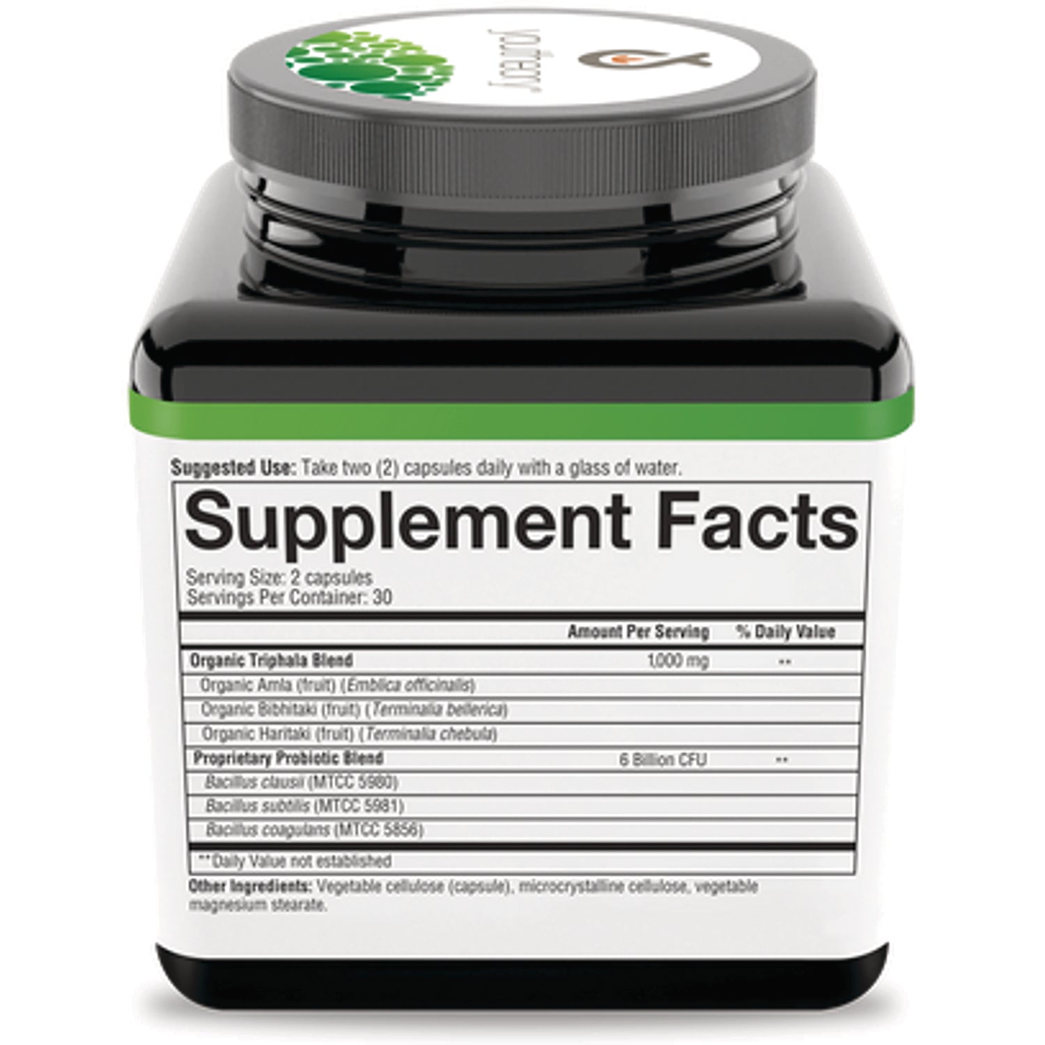 YOU018 | Back label with Supplement Facts panel; serving size 2 capsules, 30 servings; probiotic and Triphala blends