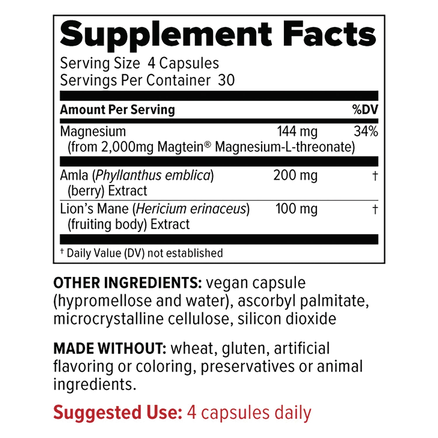 RED018 | Supplement Facts showing serving size 4 capsules, Magnesium 144 mg, Amla 200 mg, Lion's Mane 100 mg; other ingredients and suggested use 4 capsules daily