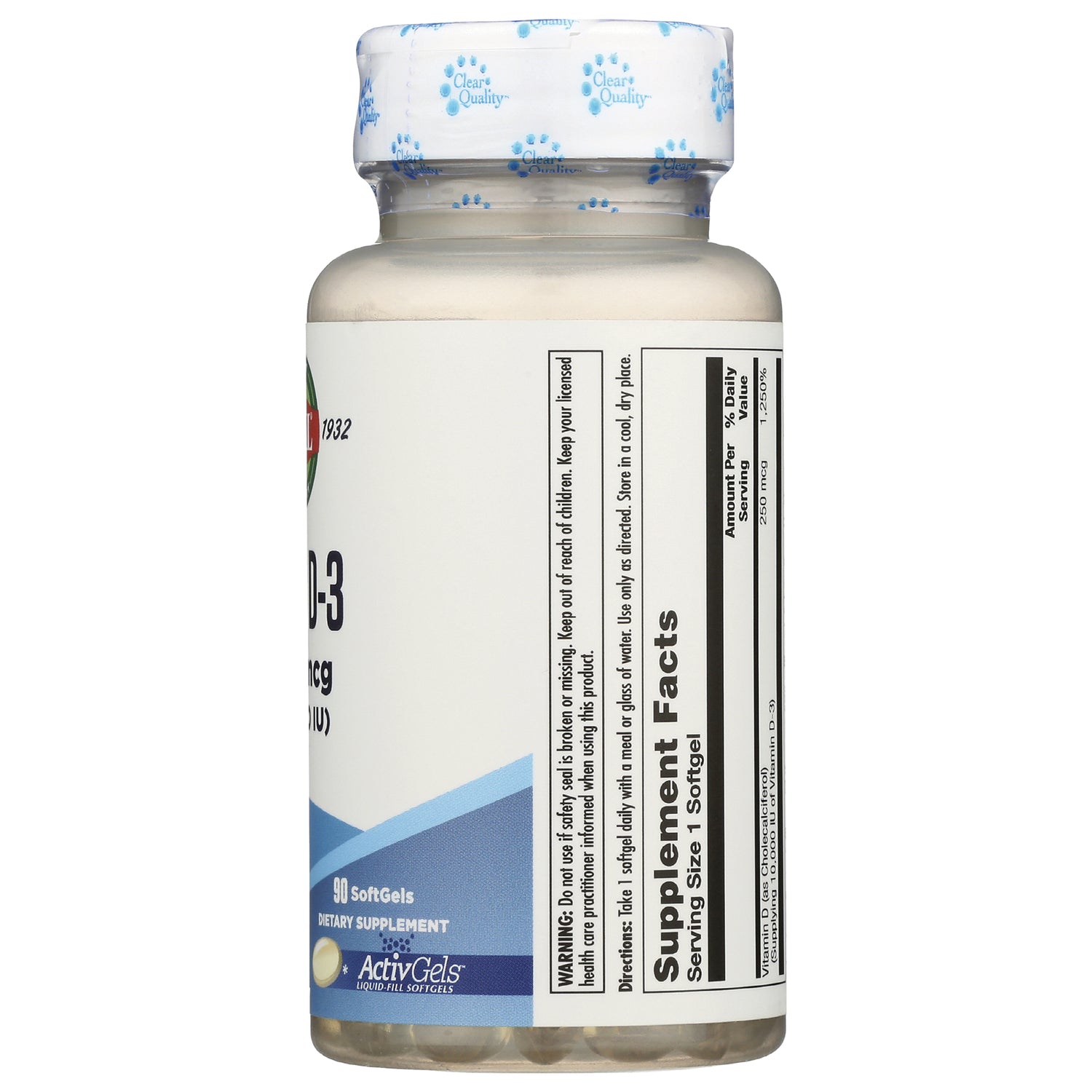 KL533 | Back of supplement bottle showing Supplement Facts panel, serving size, warnings, and 90 softgels label