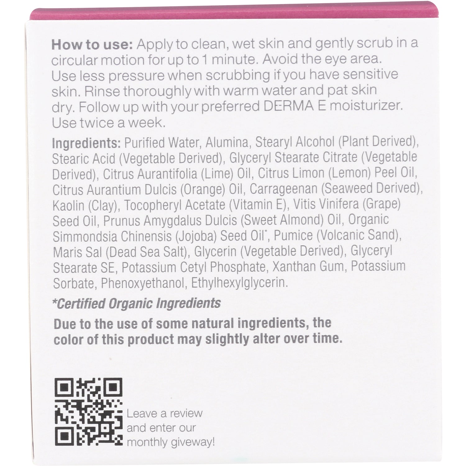 DE020 | Back panel showing usage instructions, full ingredients list, certified organic note, and QR code