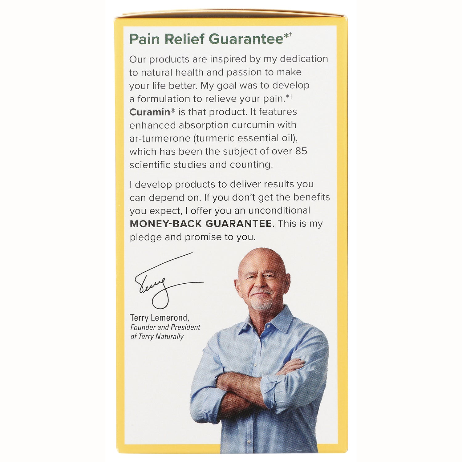 EUR001 | Back of product box showing Pain Relief Guarantee text, money-back guarantee, founder signature and portrait