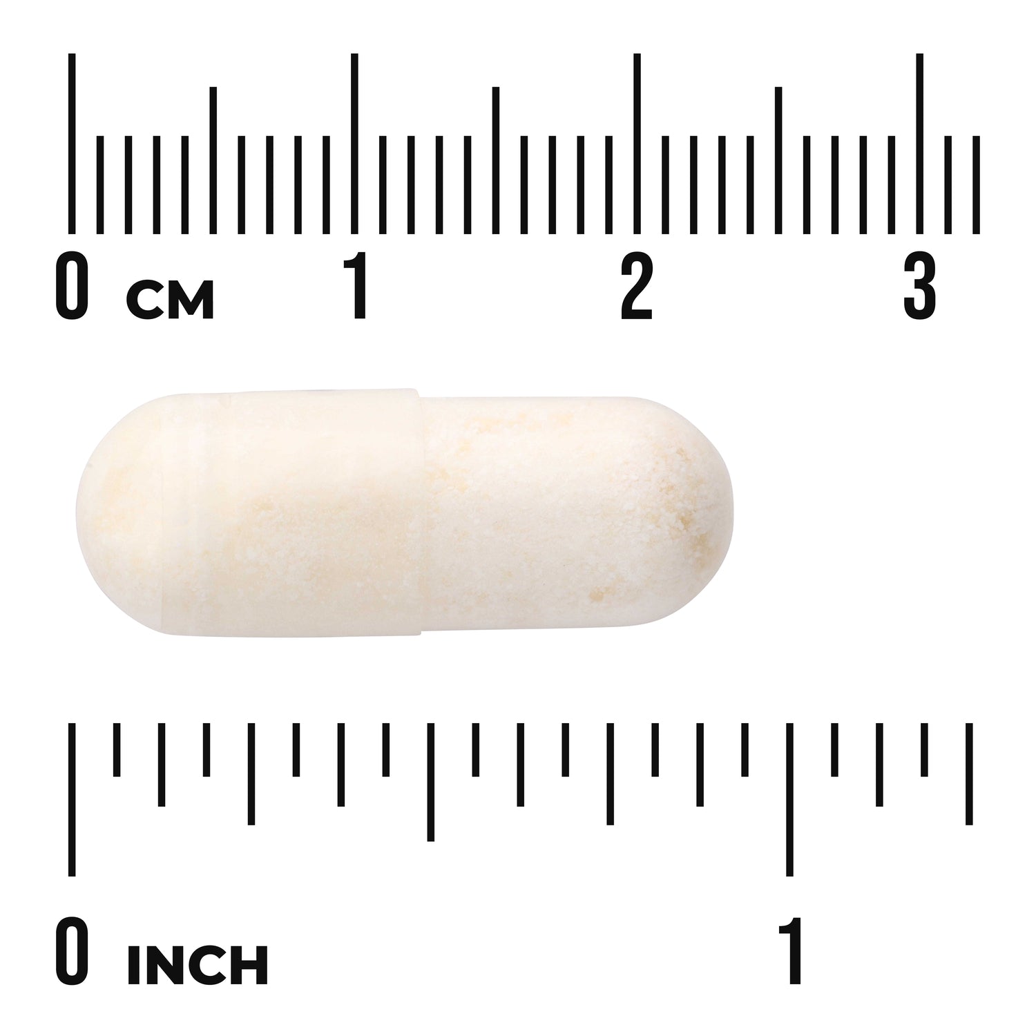SWA048 | White capsule shown to scale with cm and inch rulers