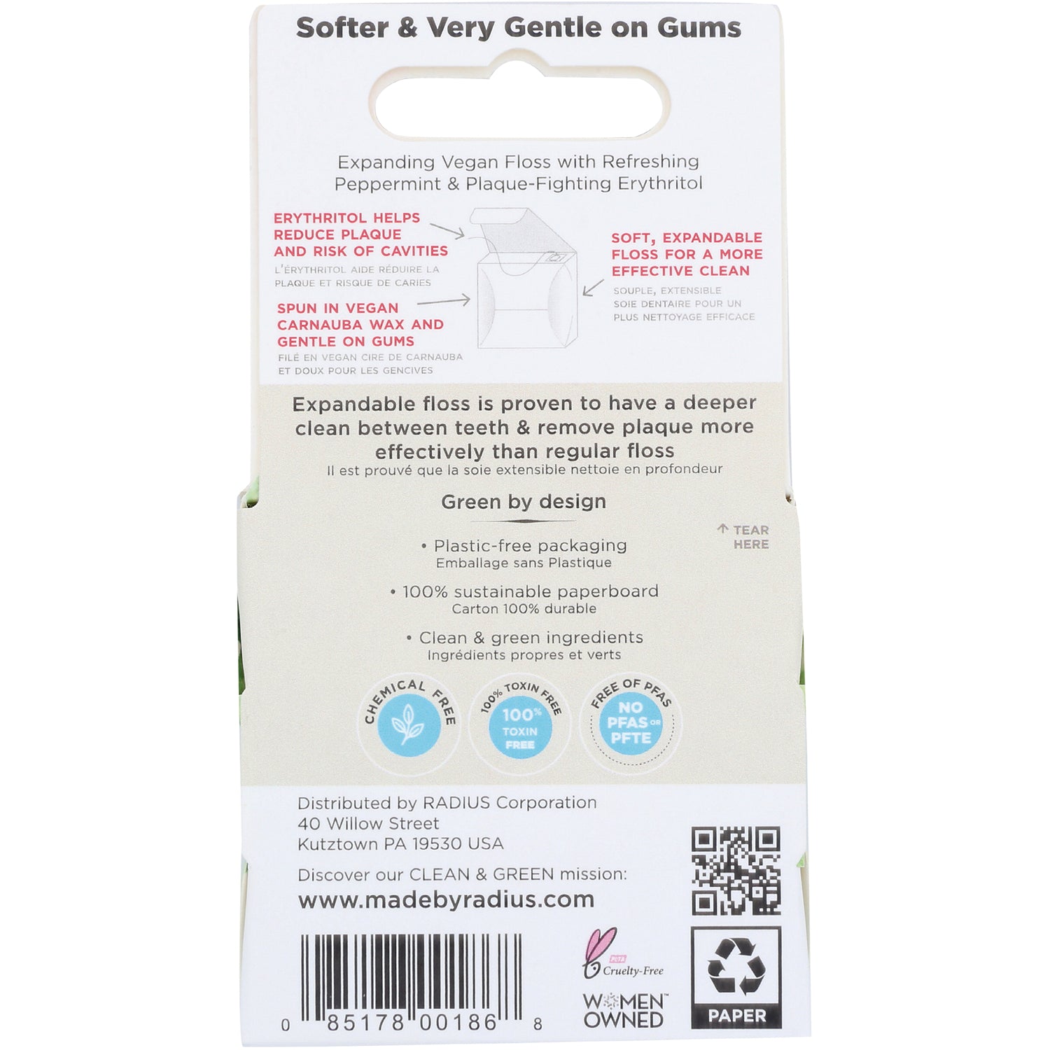 RAD021 | Back of dental floss packaging with ingredients, green by design claims, barcode and distributor info