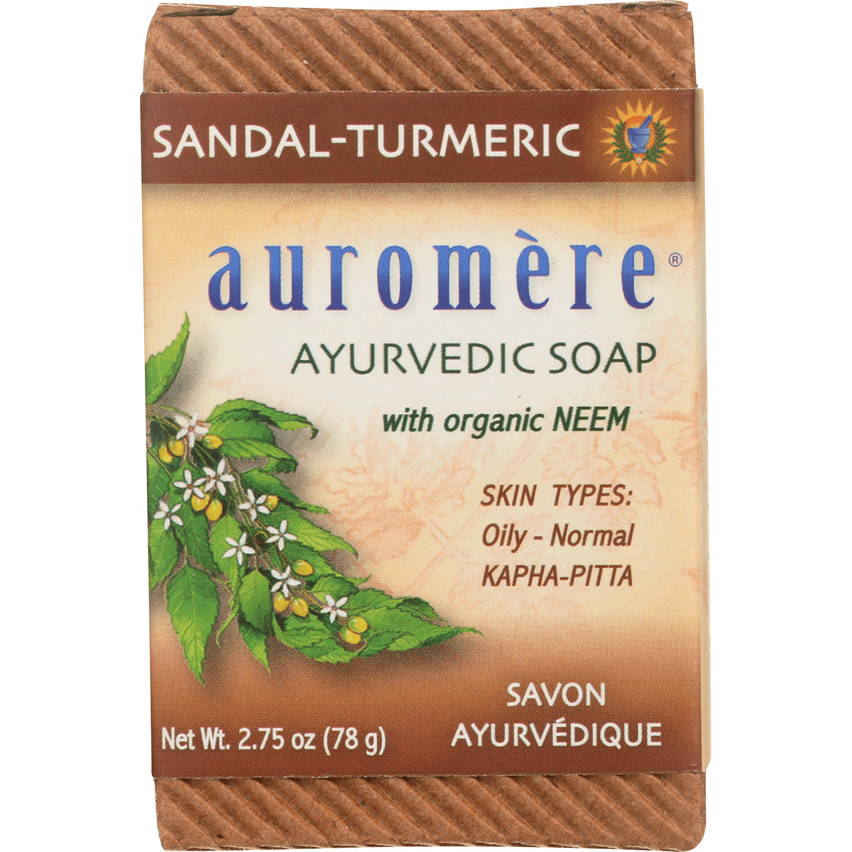 AUR001 | Auromre Sandal-Turmeric Ayurvedic soap with organic neem, front packaging showing net wt 2.75 oz