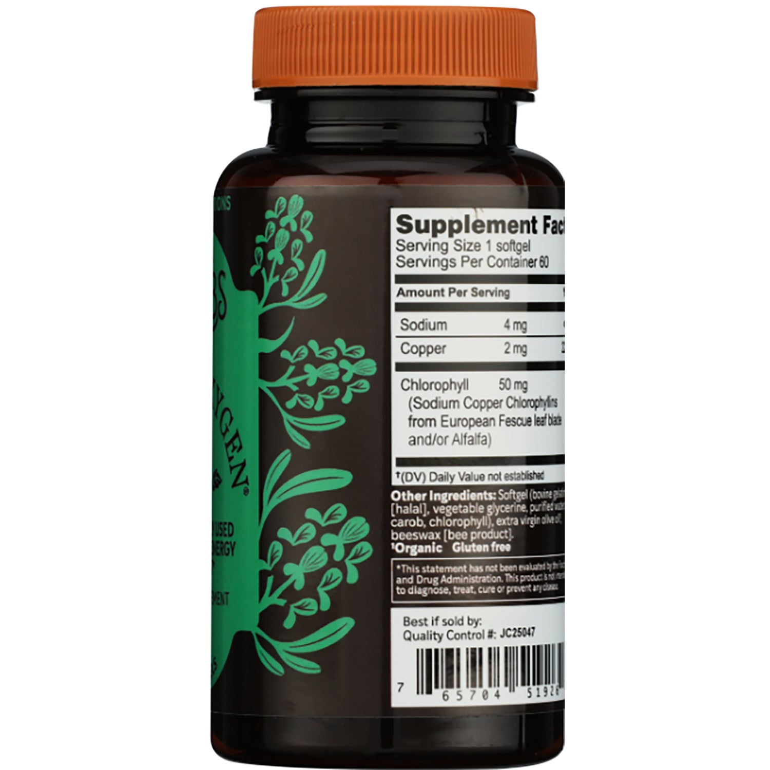 HE102 | Back of supplement bottle showing Supplement Facts panel and ingredient text with green cap