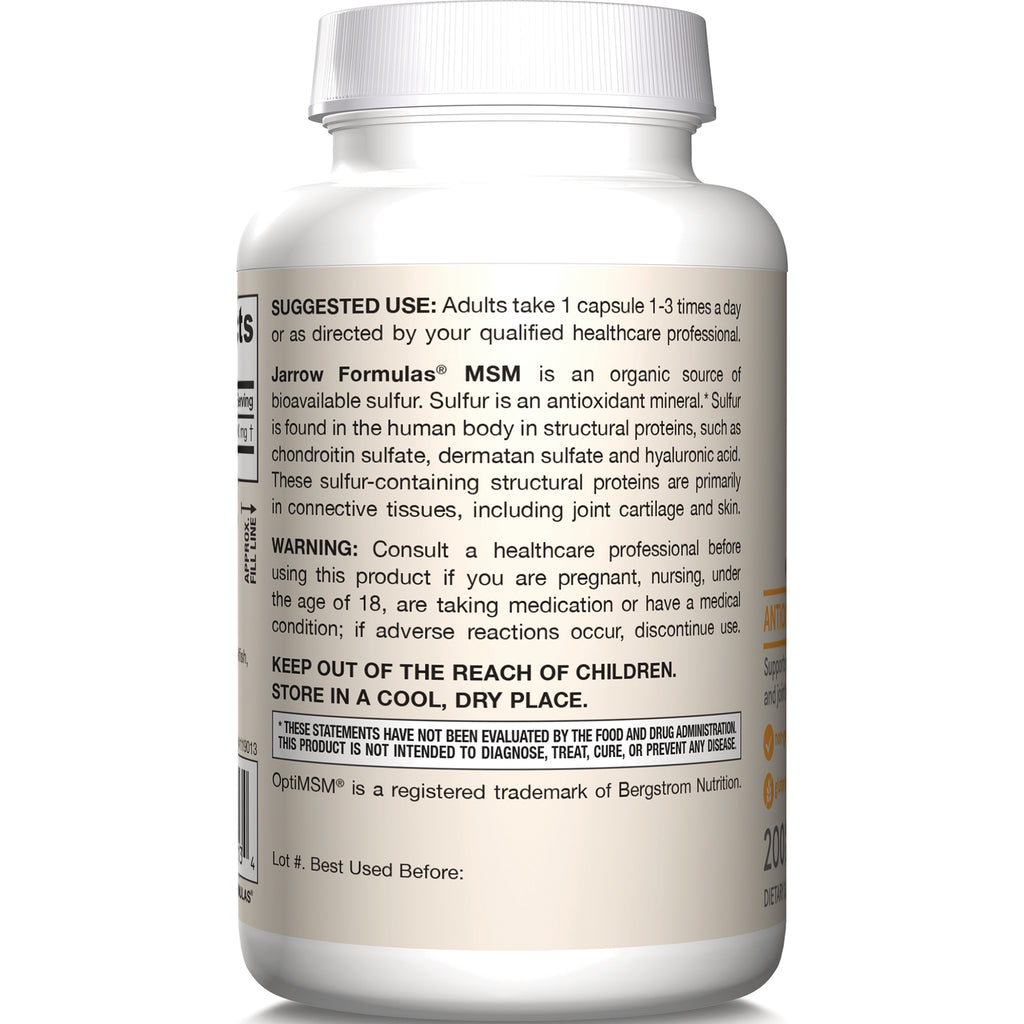 JR346 | Back label of white supplement bottle showing suggested use, warnings, storage instructions and OptiMSM trademark - Thumbnail
