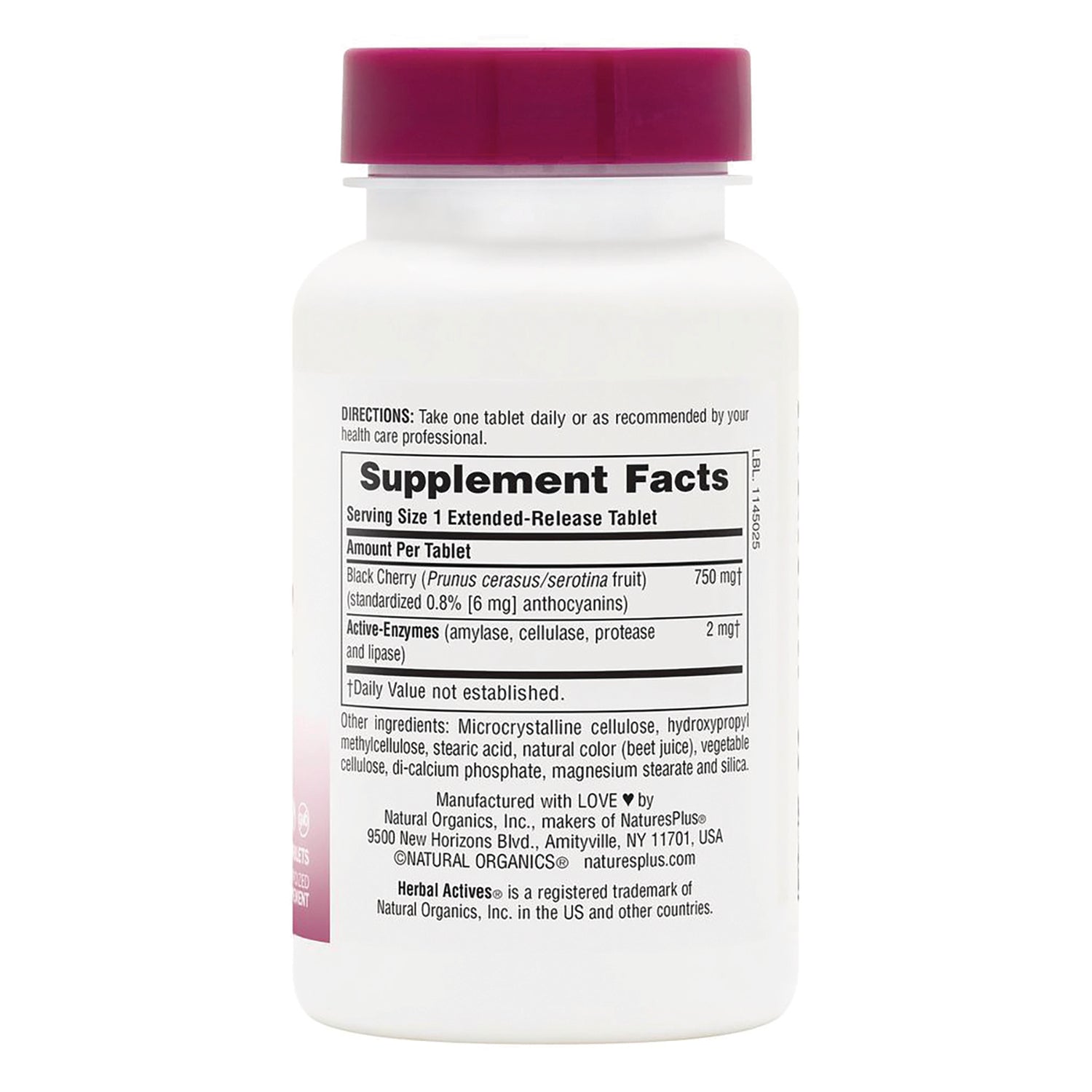 NTP213 | Supplement Facts panel for Nature's Plus Herbal Actives black cherry extended-release tablets