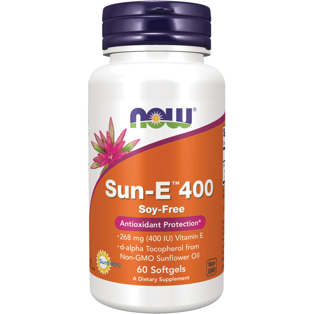NWF1148 | NOW Sun-E 400 soy-free vitamin E softgels bottle with orange label, 60 softgels - Thumbnail