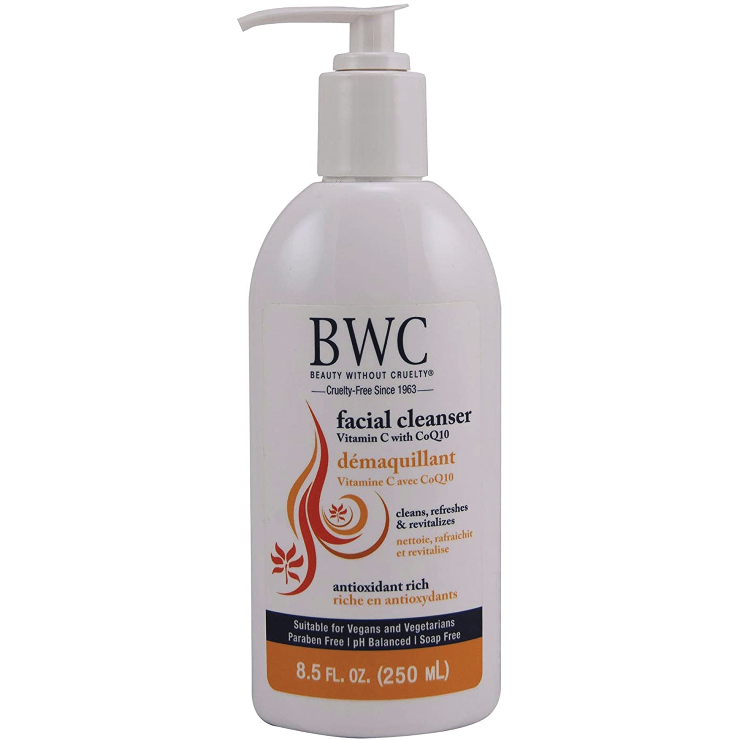 BWC113 | white pump bottle labeled BWC facial cleanser Vitamin C with CoQ10 8.5 FL OZ (250 mL)