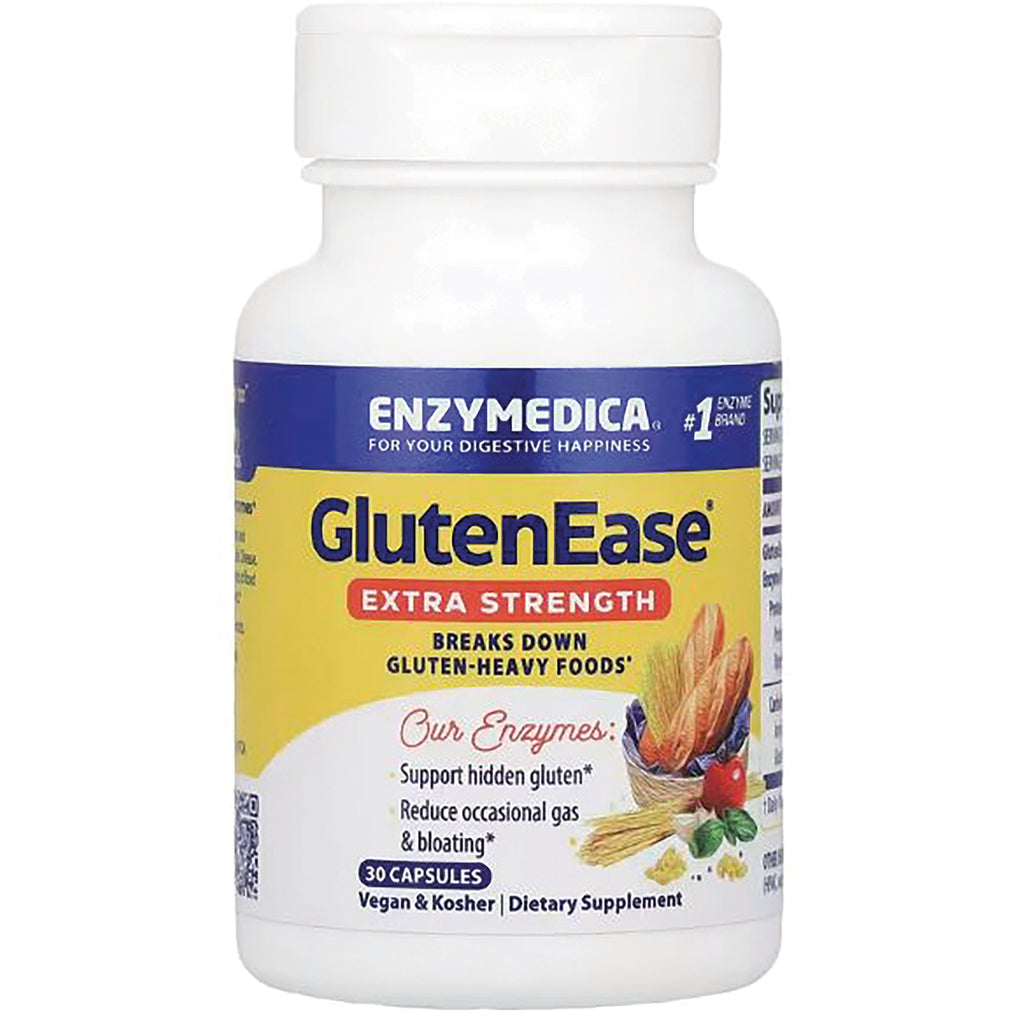 EMD045 | Enzymedica GlutenEase extra strength dietary supplement bottle front label, 30 capsules, vegan & kosher - Thumbnail