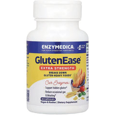 EMD045 | Enzymedica GlutenEase extra strength dietary supplement bottle front label, 30 capsules, vegan & kosher
