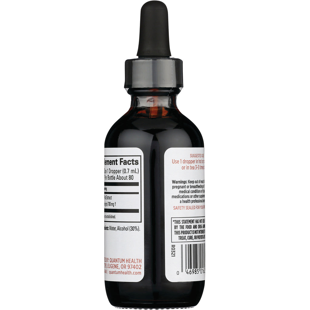 QU048 | Back of amber glass dropper bottle showing supplement facts label, warnings, and barcode - Thumbnail