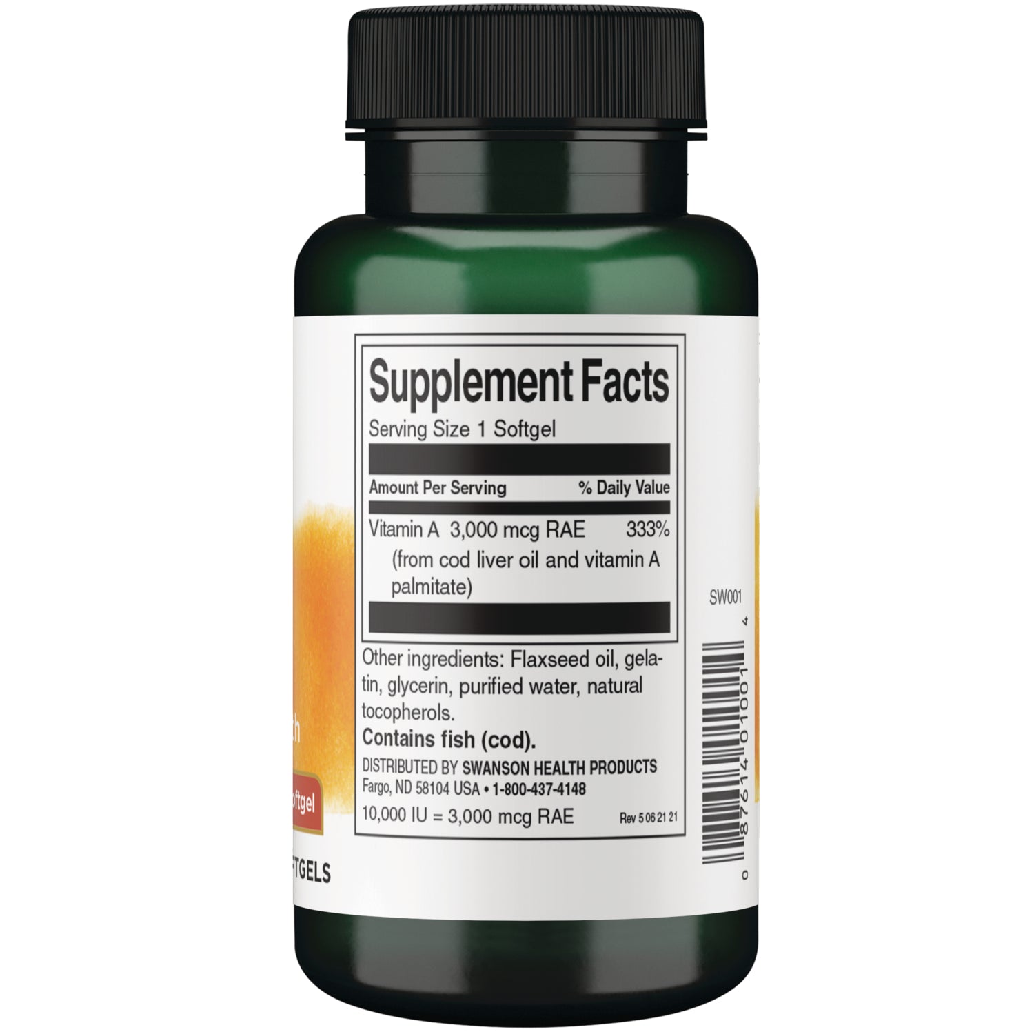 SW001 | Back label with Supplement Facts: Serving Size 1 Softgel; Vitamin A 3,000 mcg RAE, 333% DV